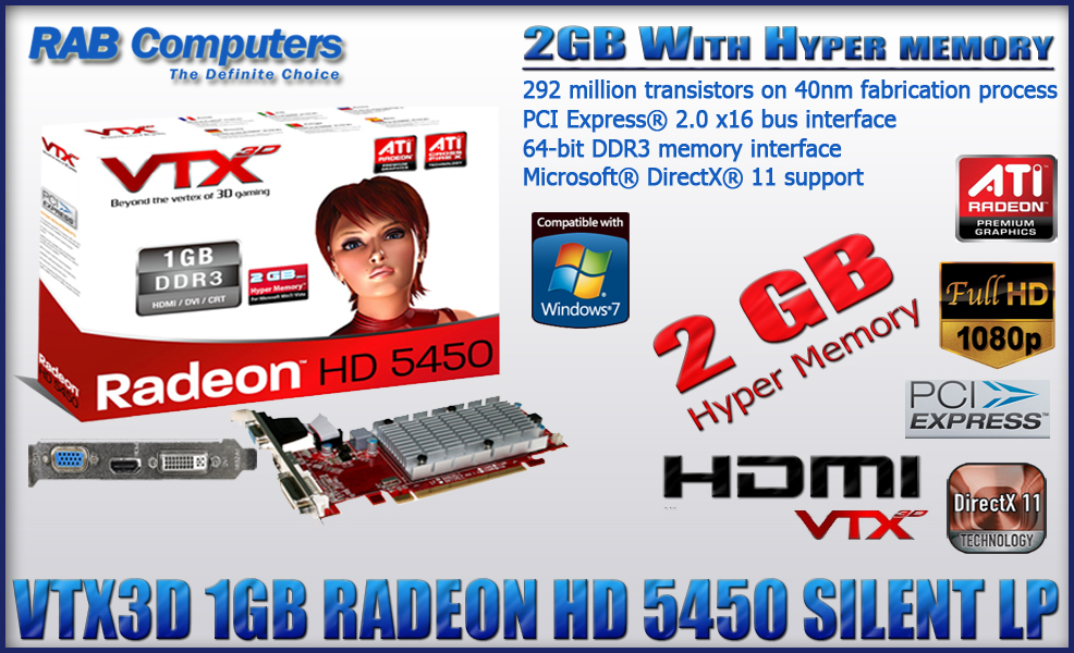 Radeon HD5450 1GB PCIe DVI HDMI 2GB Hyper Memory Graphics Card